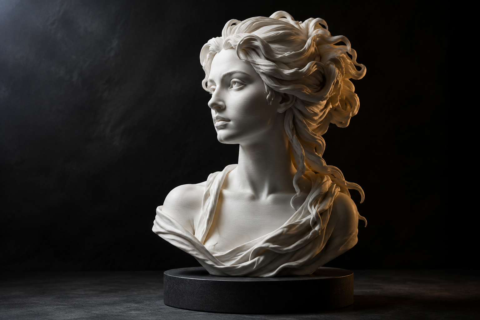 Concept artwork of an ivory sculpted bust with flowing hair on a dark plinth
